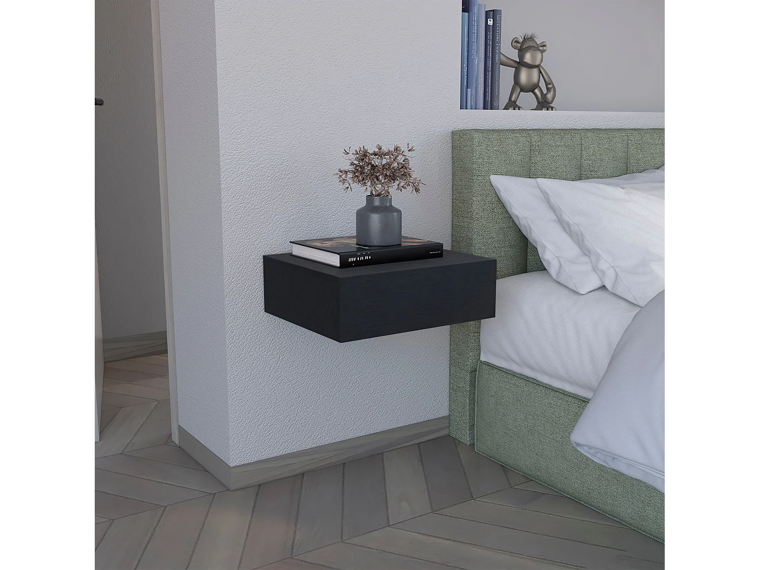 Mesita de noche flotante Milano en melamina con un cajon de riel metalico , 13 cm  X 40 cm  X 34.1 cm  , Negro