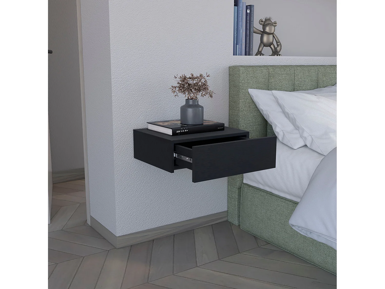 Mesita de noche flotante Milano en melamina con un cajon de riel metalico , 13 cm  X 40 cm  X 34.1 cm  , Negro