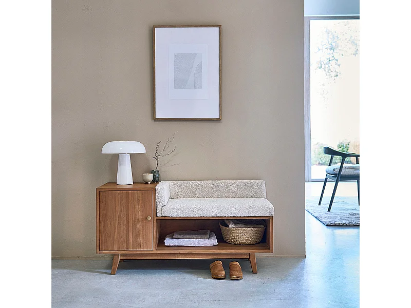 Panca in legno massello di teak e tessuto bouclé 1 anta 120 cm