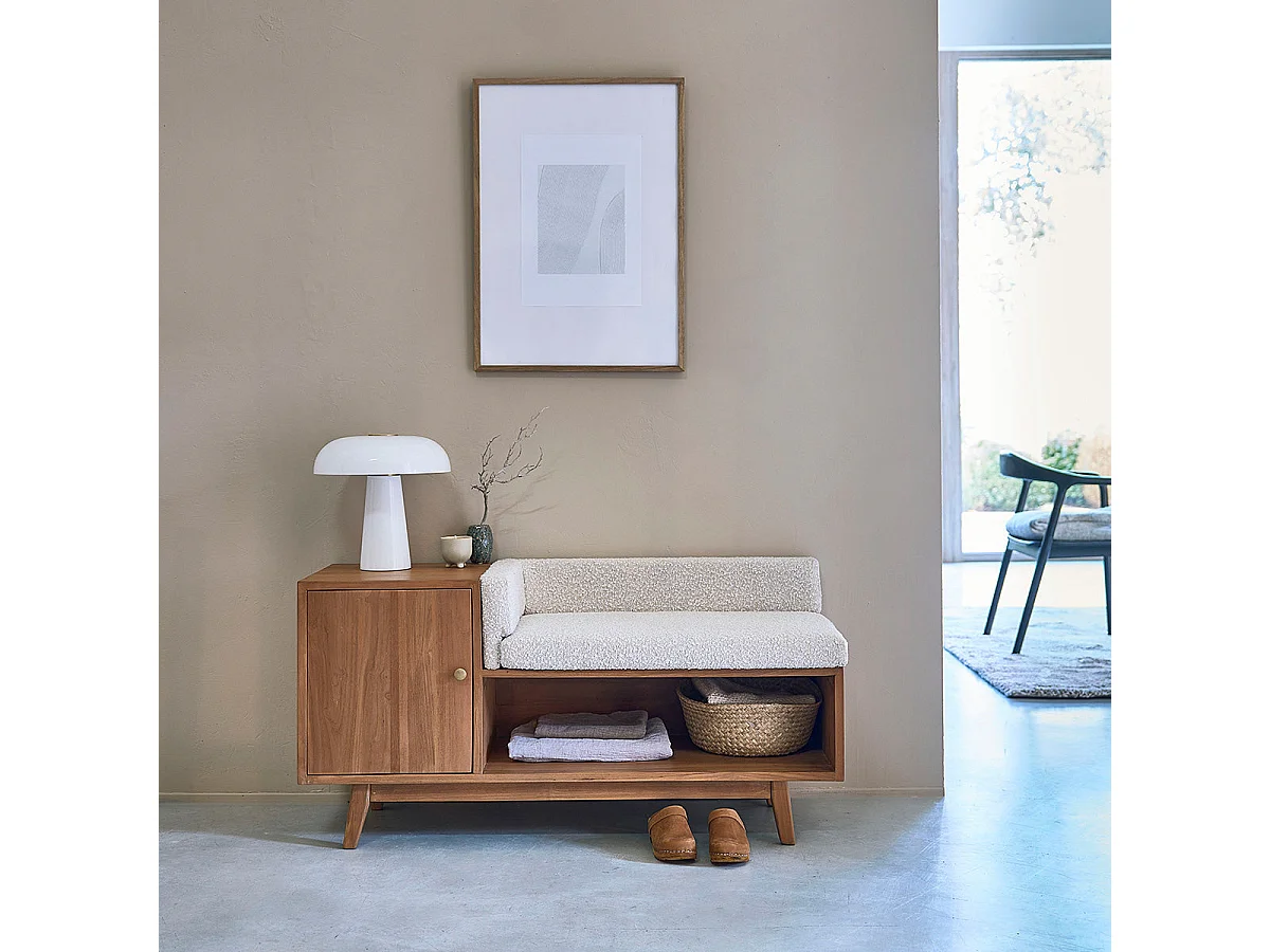 Banc d'entrée en teck massif et tissu bouclette 120 cm