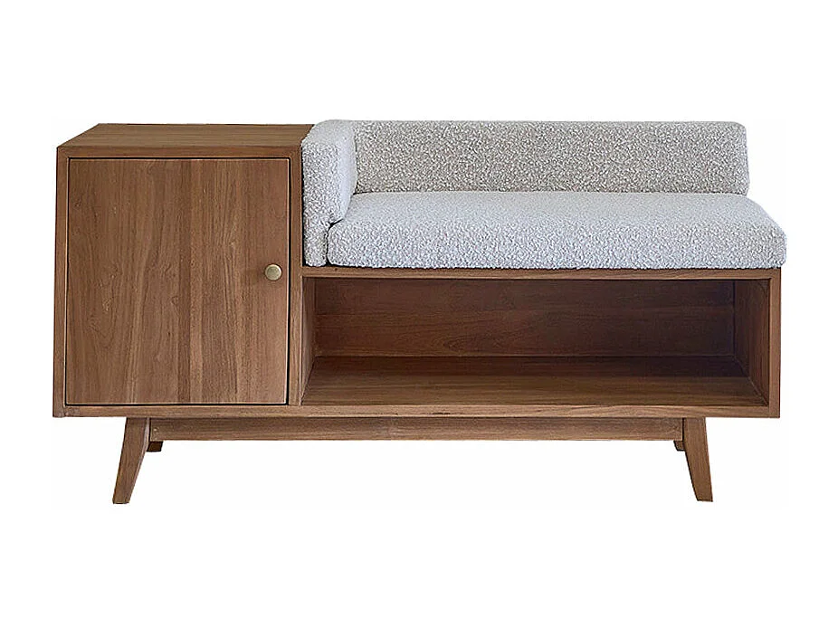 Banc d'entrée en teck massif et tissu bouclette 120 cm