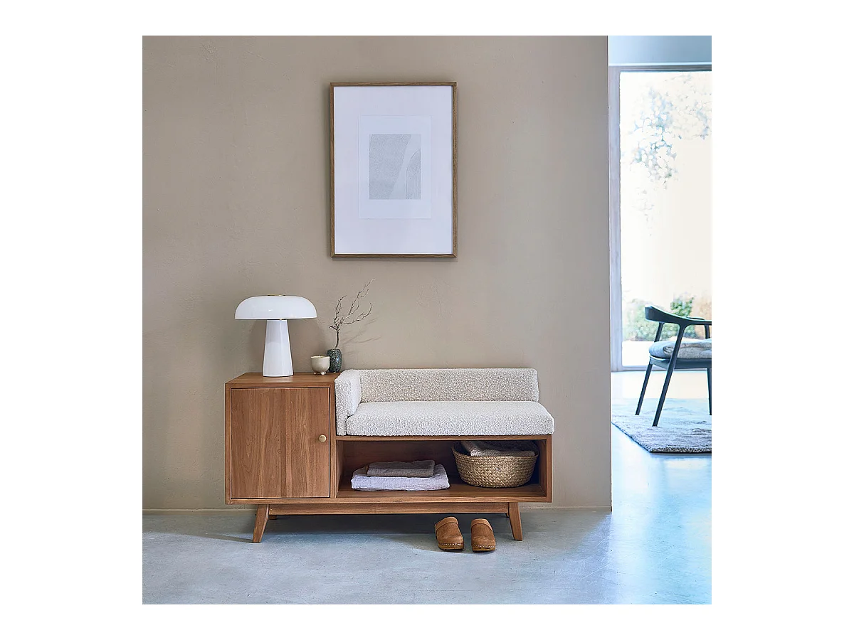 Banc d'entrée en teck massif et tissu bouclette 120 cm
