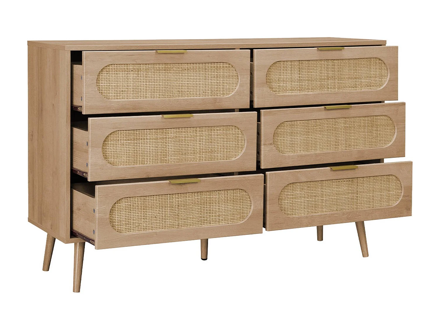 Cassettiera in legno e canna arrotondata, 6 cassetti, marrone naturale