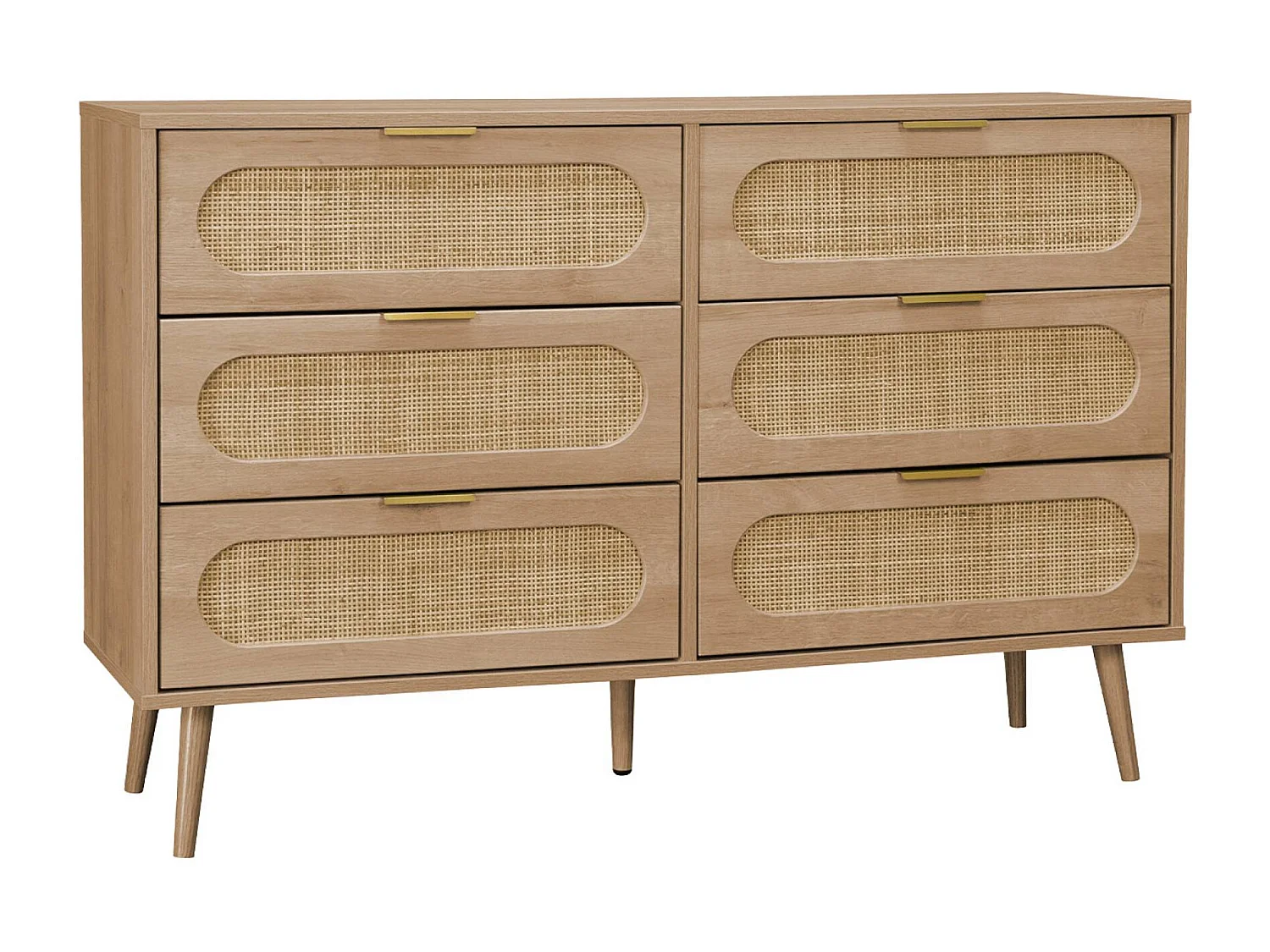 Cómoda de madera y caña redondeada, 6 cajones natural