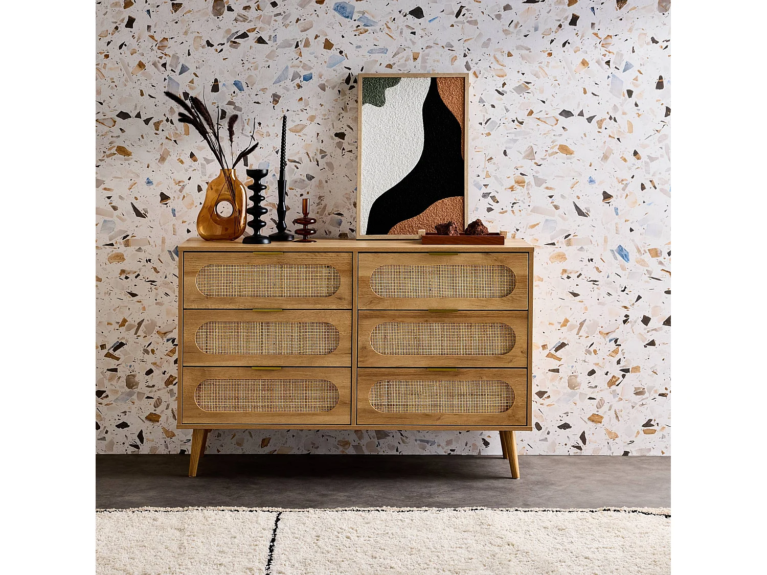 Cómoda de madera y caña redondeada, 6 cajones natural