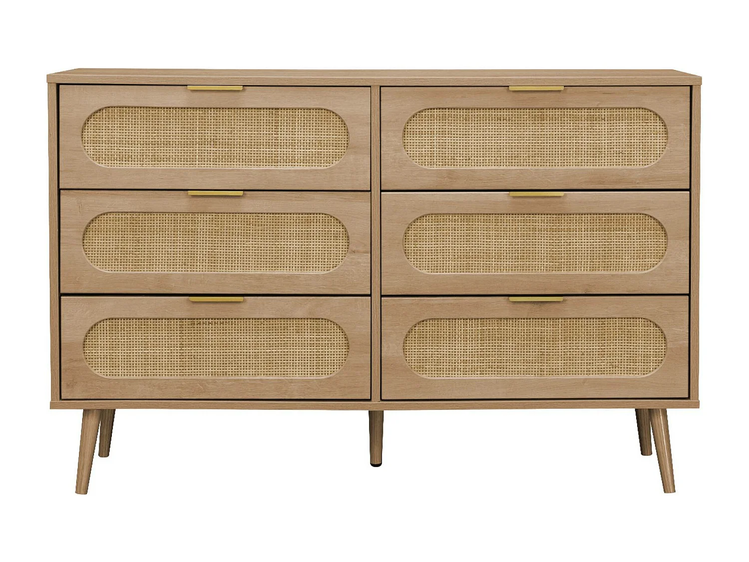 Cómoda de madera y caña redondeada, 6 cajones natural