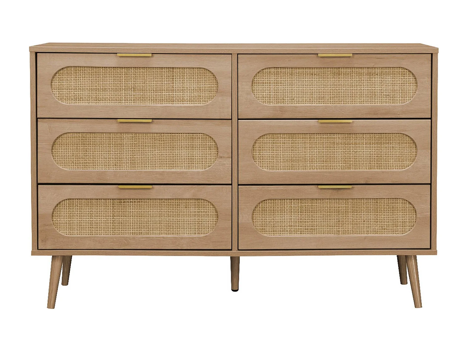 Cassettiera in legno e canna arrotondata, 6 cassetti, marrone naturale