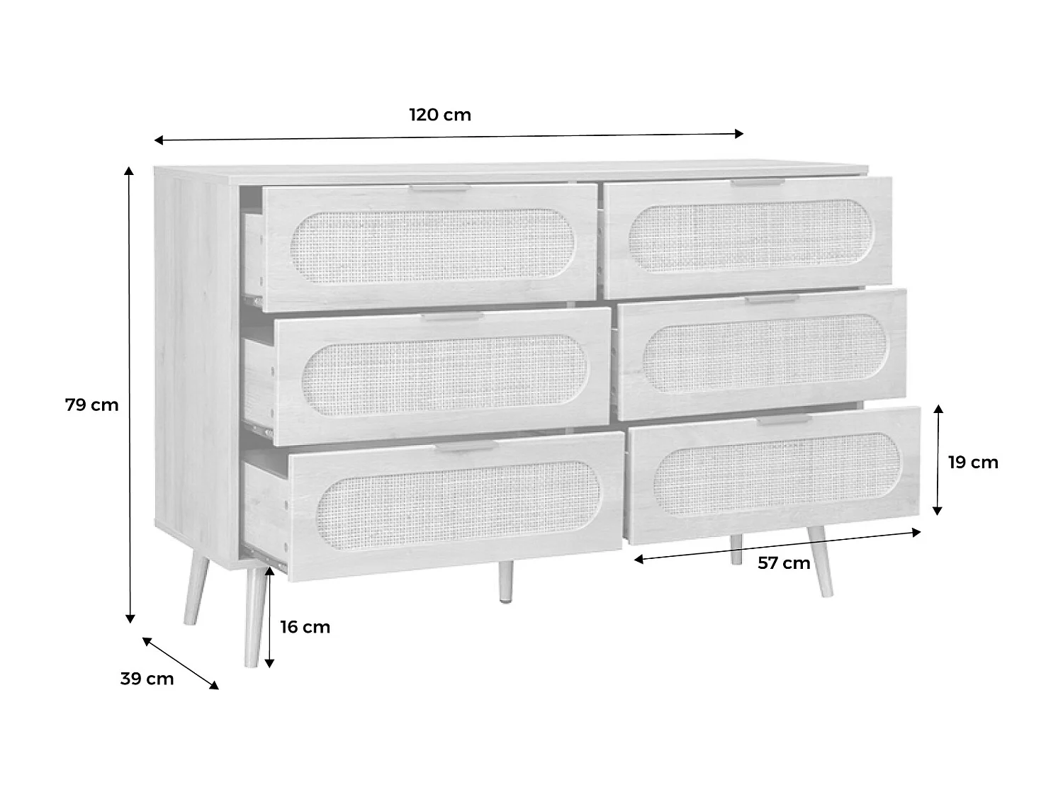 Cassettiera in legno e canna arrotondata, 6 cassetti, marrone naturale