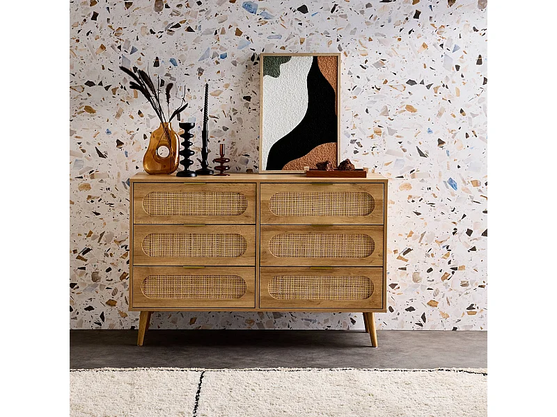 Cassettiera in legno e canna arrotondata, 6 cassetti, marrone naturale