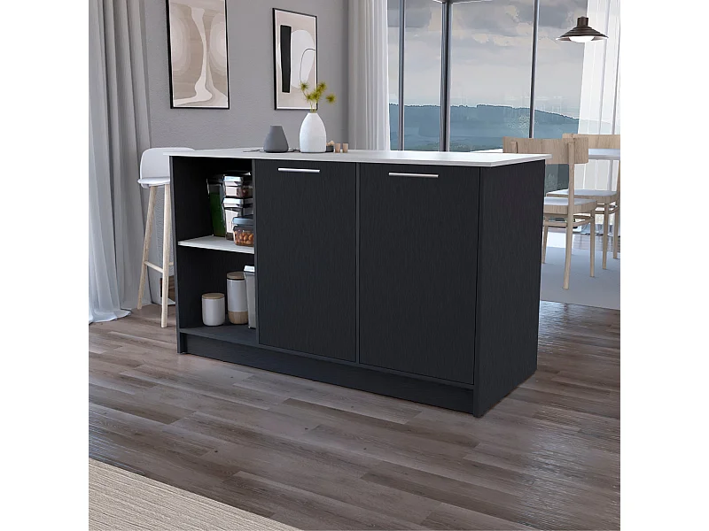 Isla de cocina Juniper en melamina con dos puertas y 3 estantes , 90 cm  X 150 cm  X 64 cm  ,  Negro / Ibiza