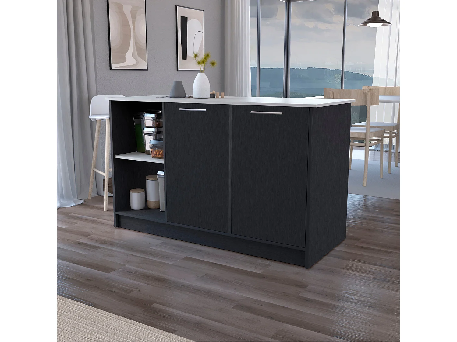 Isola da cucina Juniper in melaminico con due ante e 3 ripiani , 90 cm X 150 cm X 64 cm , Nero / Ibiza