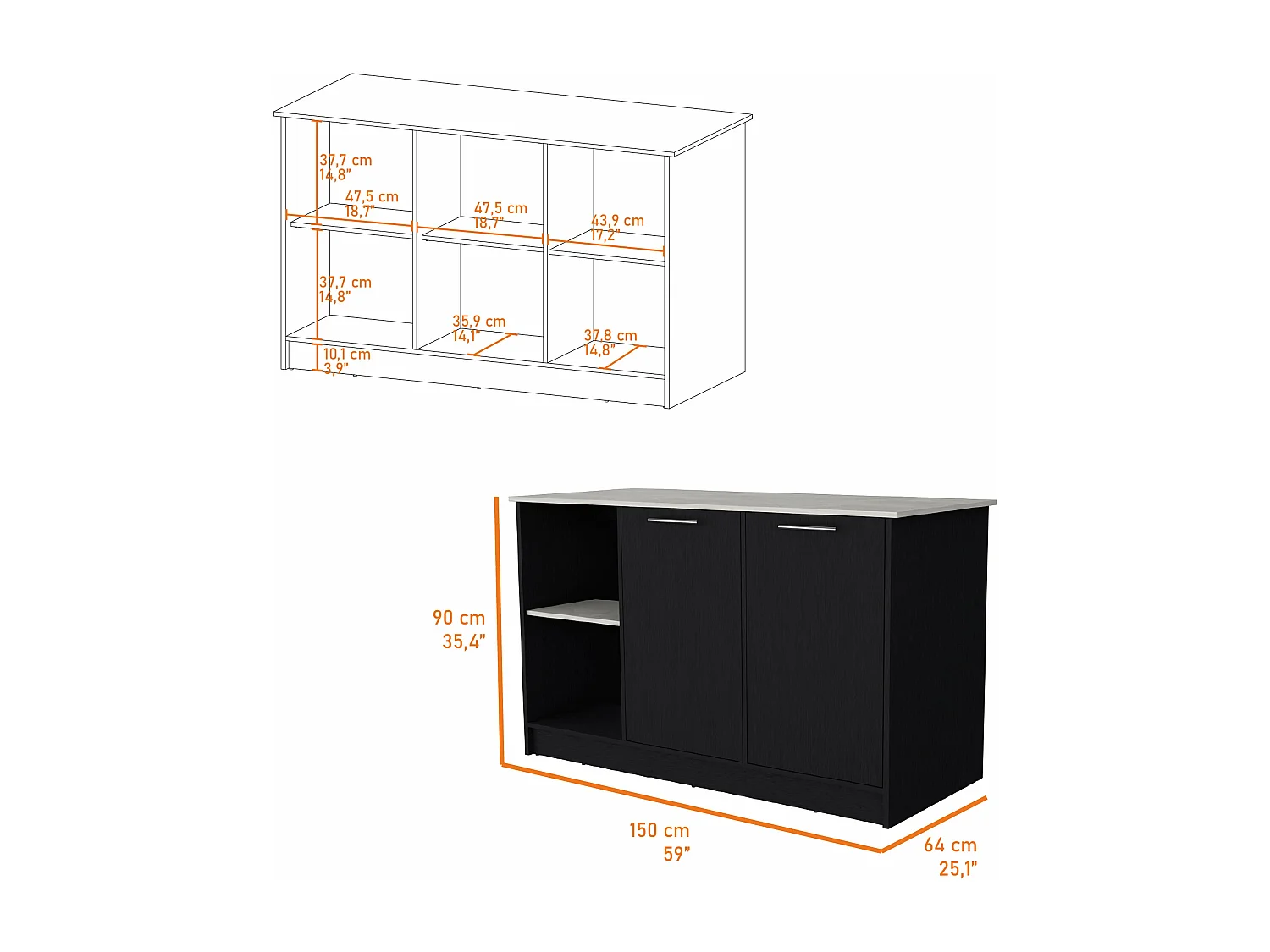 Isola da cucina Juniper in melaminico con due ante e 3 ripiani , 90 cm X 150 cm X 64 cm , Nero / Ibiza