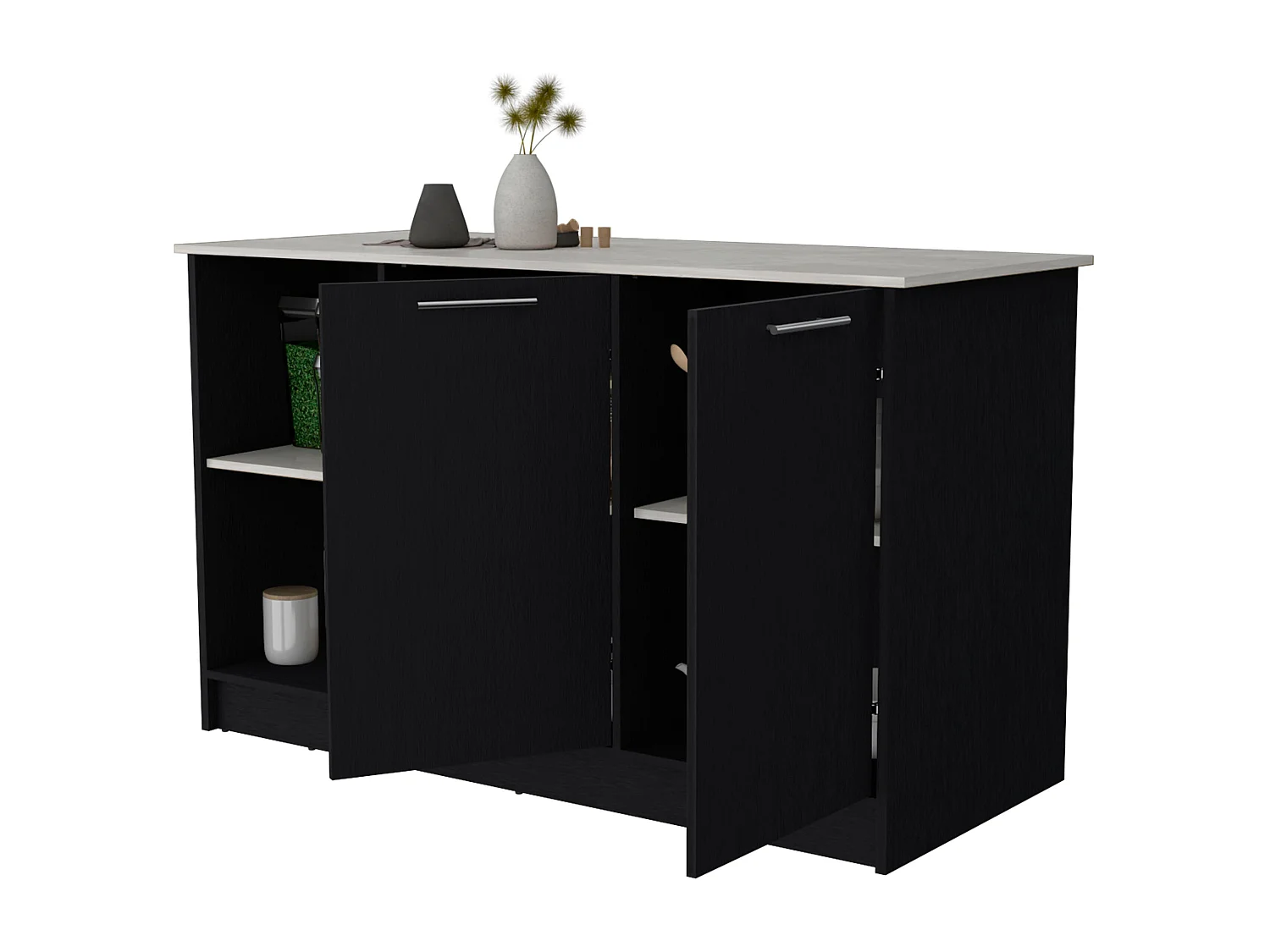 Isola da cucina Juniper in melaminico con due ante e 3 ripiani , 90 cm X 150 cm X 64 cm , Nero / Ibiza