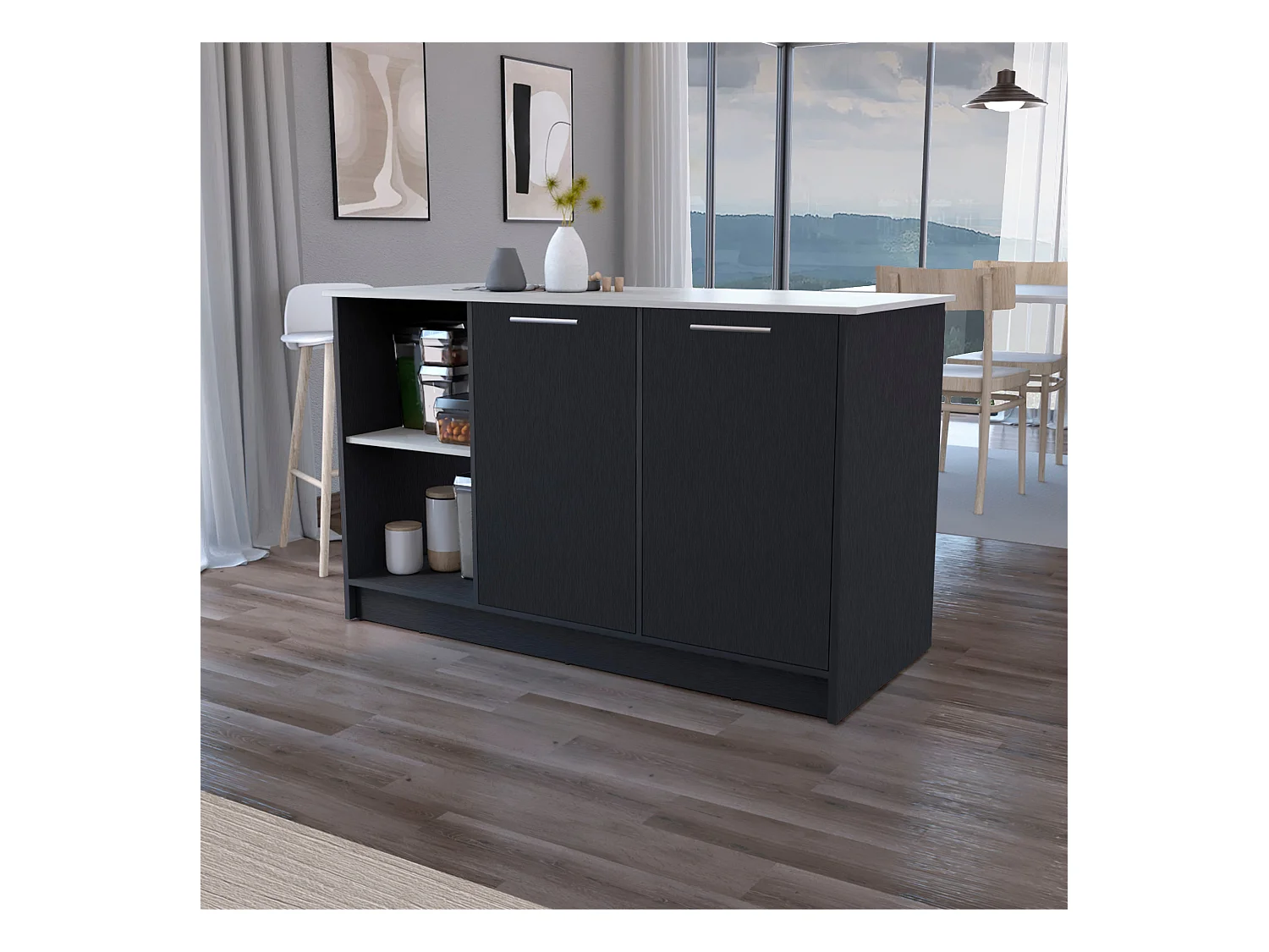 Ilot de cuisine Juniper en mélaminé avec deux portes et 3 étagères , 90 cm X 150 cm X 64 cm , Black / Ibiza