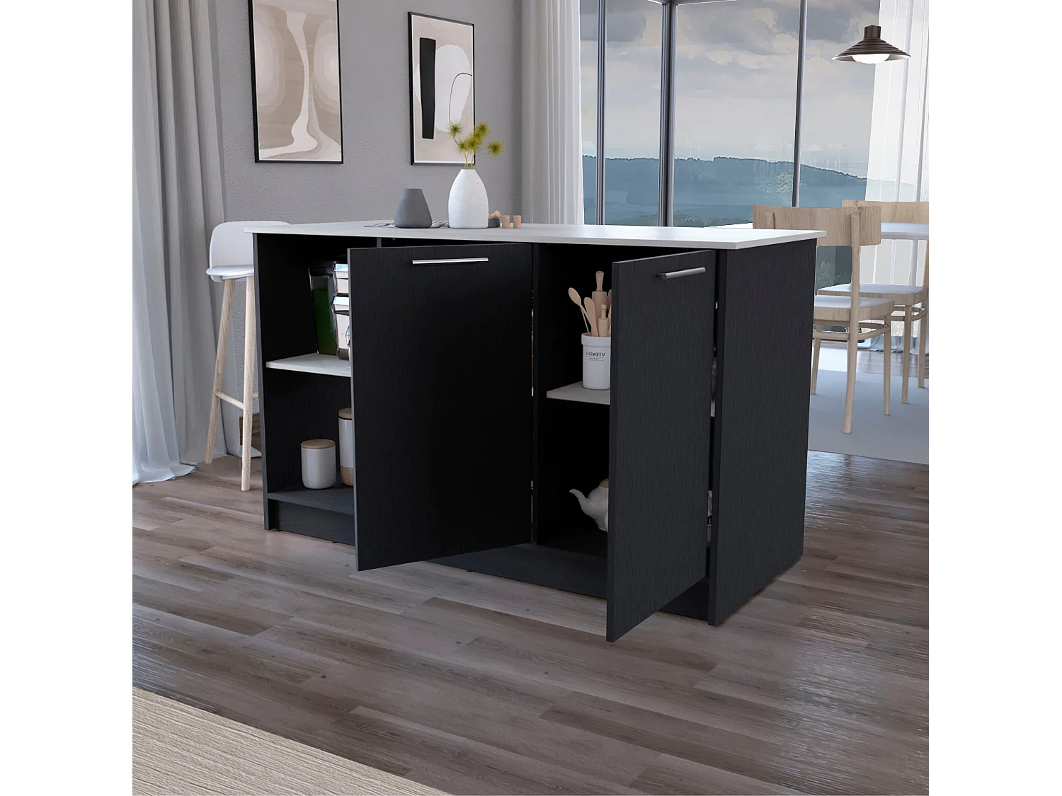 Isla de cocina Juniper en melamina con dos puertas y 3 estantes , 90 cm  X 150 cm  X 64 cm  ,  Negro / Ibiza