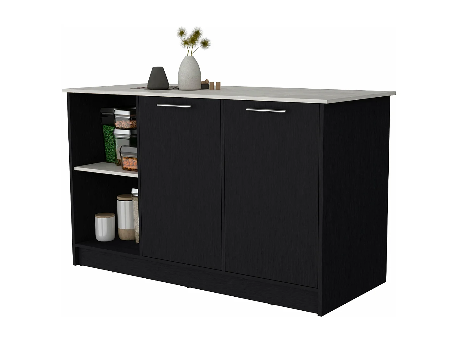 Isla de cocina Juniper en melamina con dos puertas y 3 estantes , 90 cm  X 150 cm  X 64 cm  ,  Negro / Ibiza