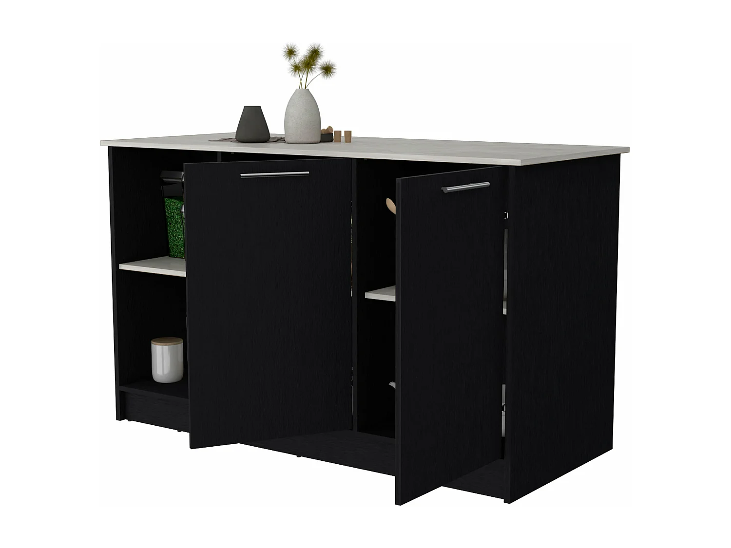 Isla de cocina Juniper en melamina con dos puertas y 3 estantes , 90 cm  X 150 cm  X 64 cm  ,  Negro / Ibiza