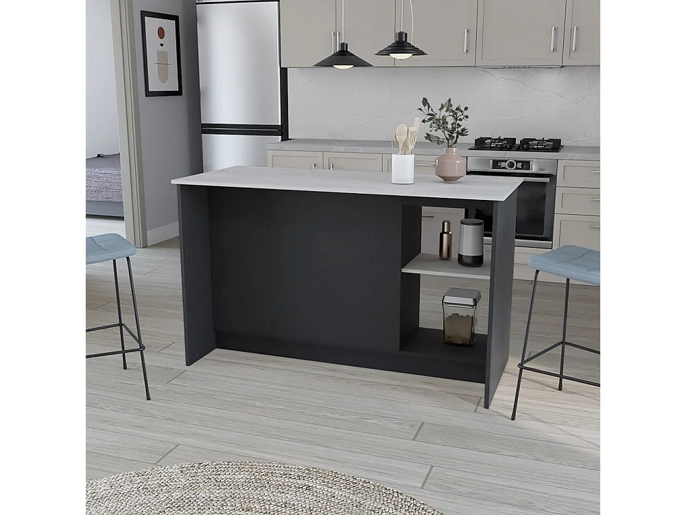 Isla de cocina Juniper de 150 cm con 2 puertas y 3 estantes, blanco y negro ónix