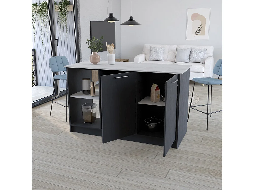 Isla de cocina Juniper de 150 cm con 2 puertas y 3 estantes, blanco y negro ónix