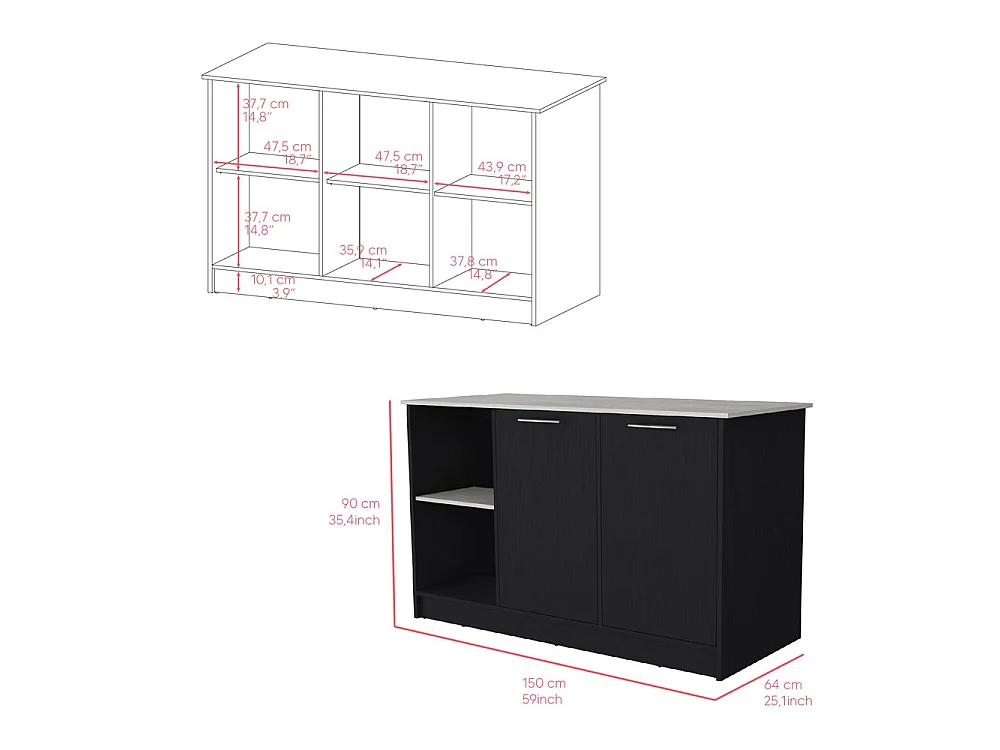 Isla de cocina Juniper de 150 cm con 2 puertas y 3 estantes, blanco y negro ónix