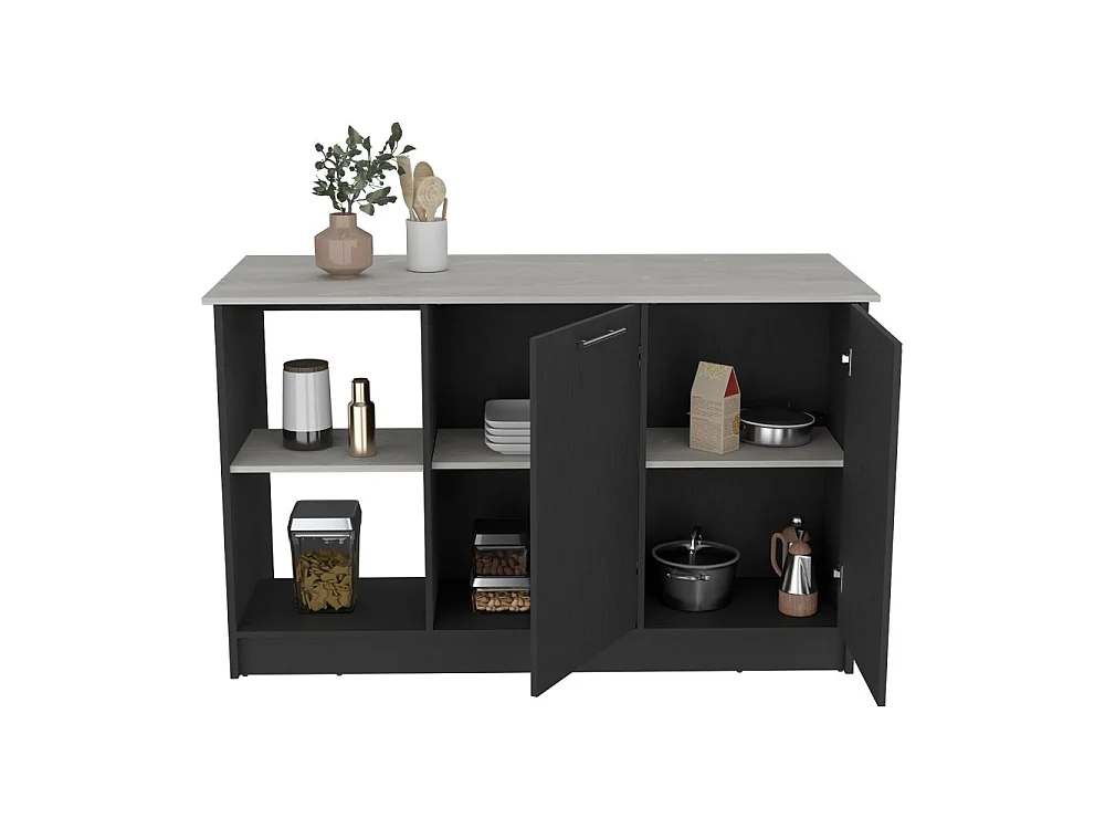 Isla de cocina Juniper de 150 cm con 2 puertas y 3 estantes, blanco y negro ónix
