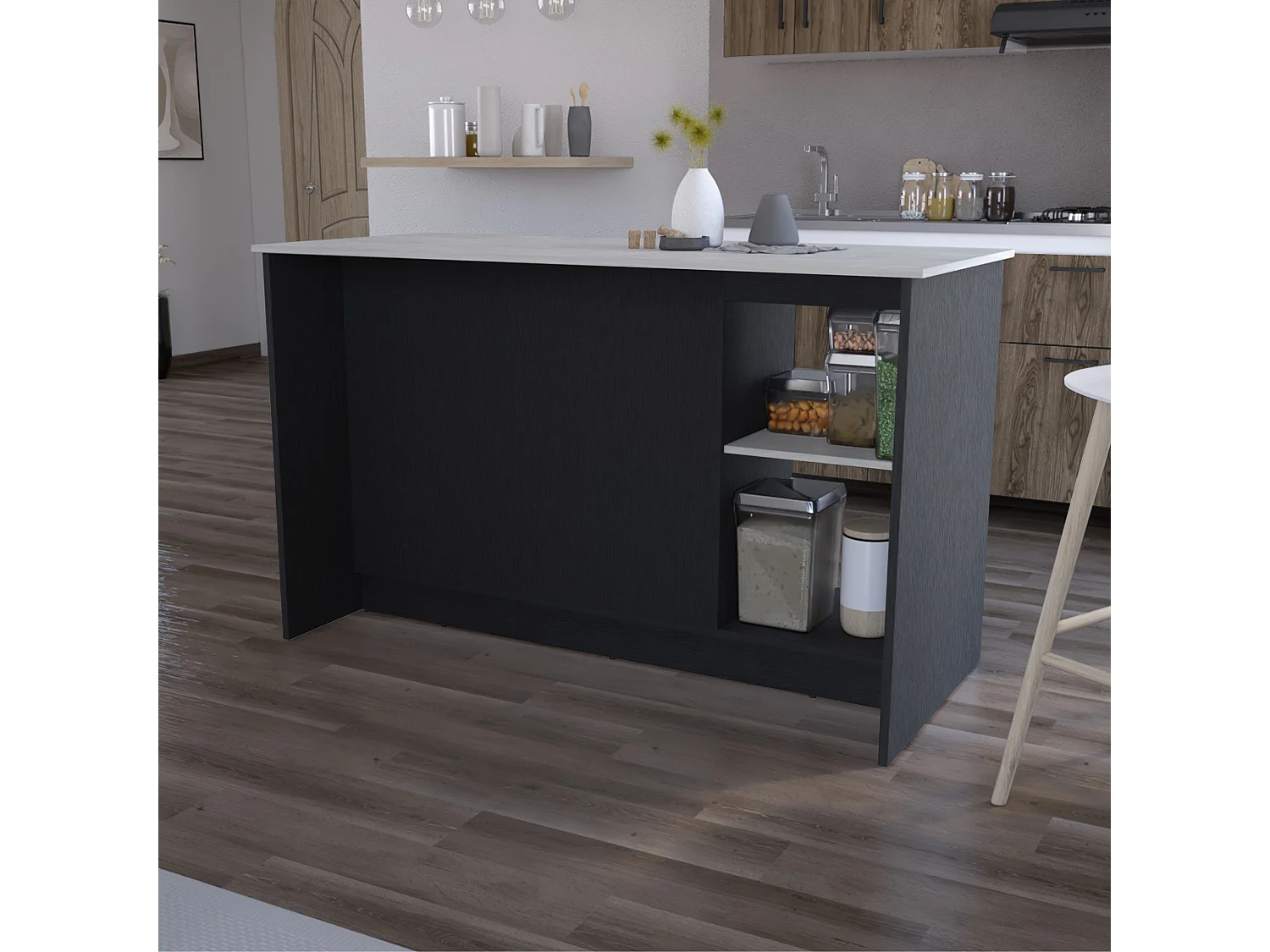 Isla de cocina Juniper de 150 cm con 2 puertas y 3 estantes, blanco y negro ónix