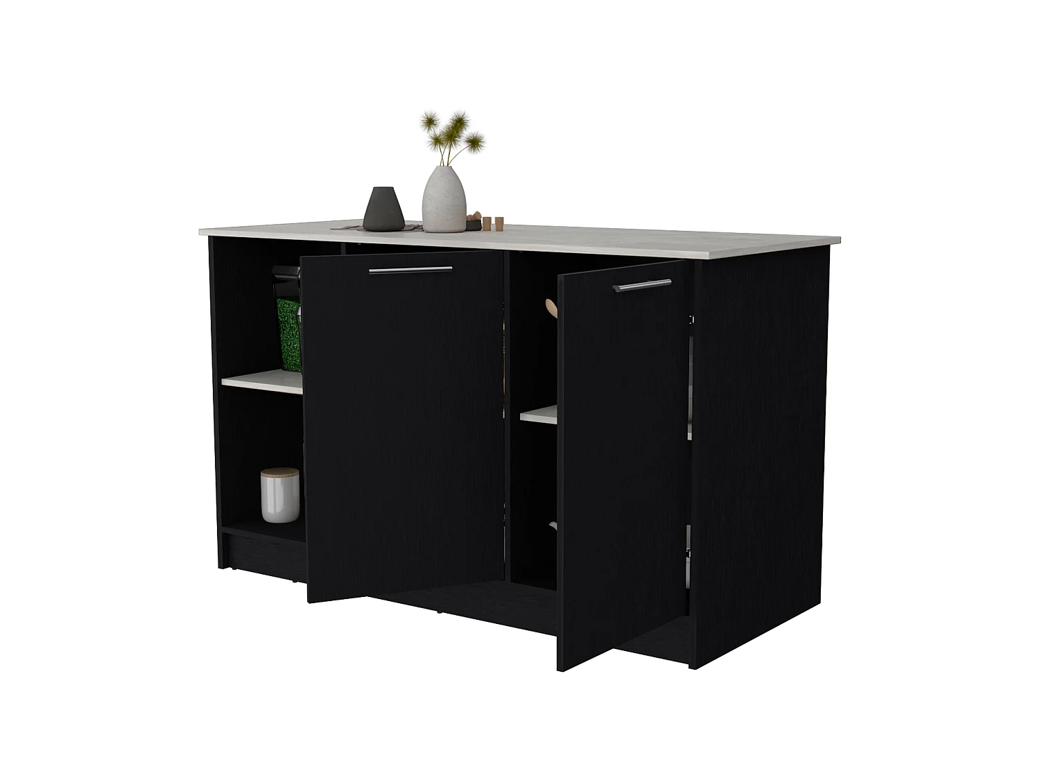 Isla de cocina Juniper de 150 cm con 2 puertas y 3 estantes, blanco y negro ónix
