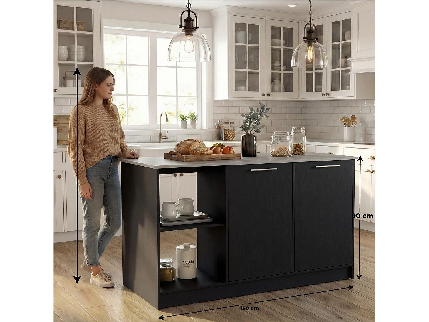 Isola da cucina Juniper da 150 cm con 2 ante, wengé e bianco Ibiza