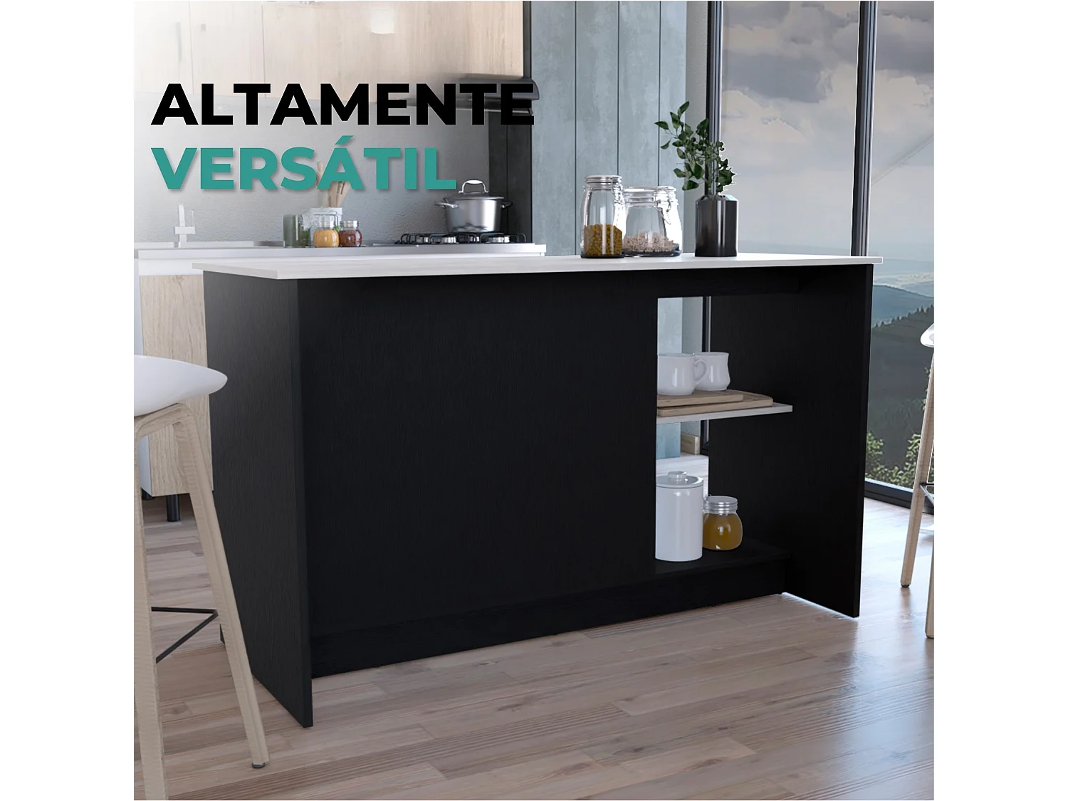 Isola da cucina Juniper da 150 cm con 2 ante, wengé e bianco Ibiza