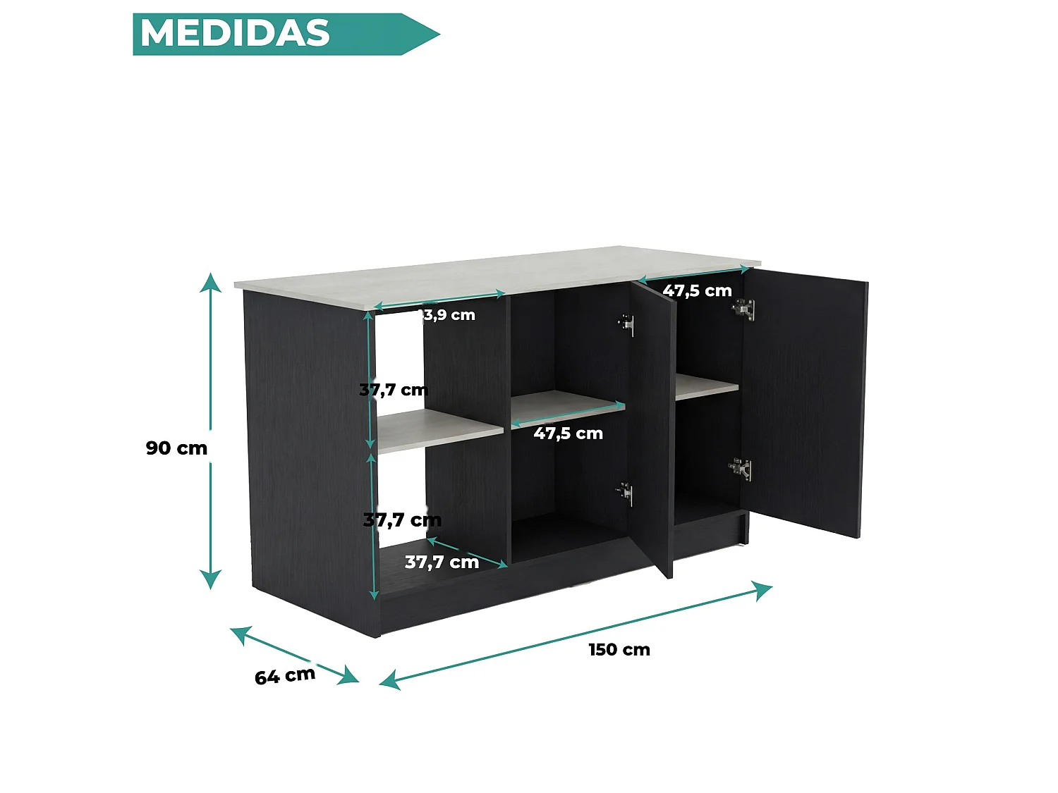 Isola da cucina Juniper da 150 cm con 2 ante, wengé e bianco Ibiza