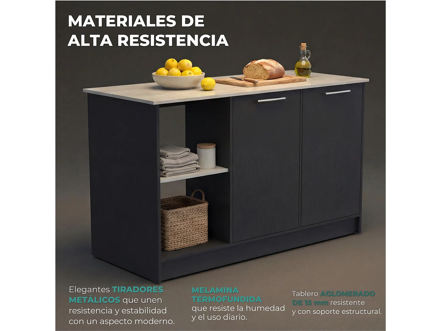 Isola da cucina Juniper da 150 cm con 2 ante, wengé e bianco Ibiza