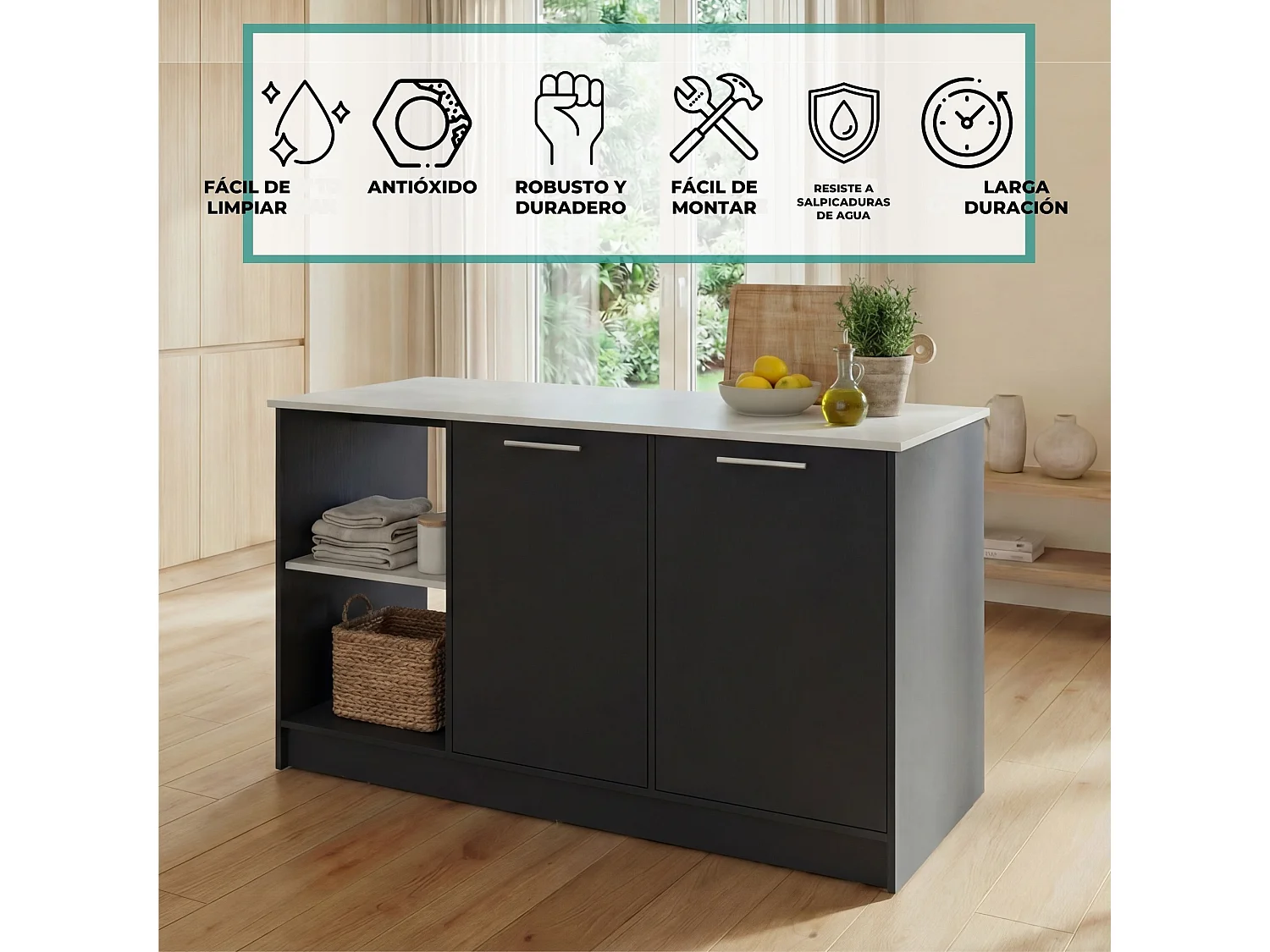 Isola da cucina Juniper da 150 cm con 2 ante, wengé e bianco Ibiza