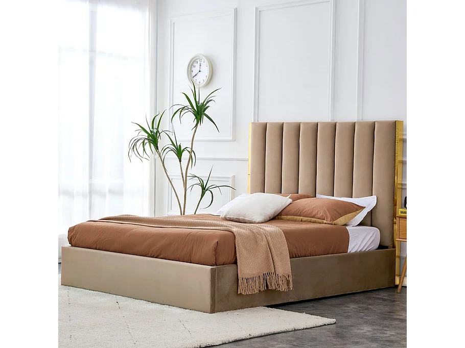 Lit 2 places 160x200 cm avec tête de lit en velours beige Souls