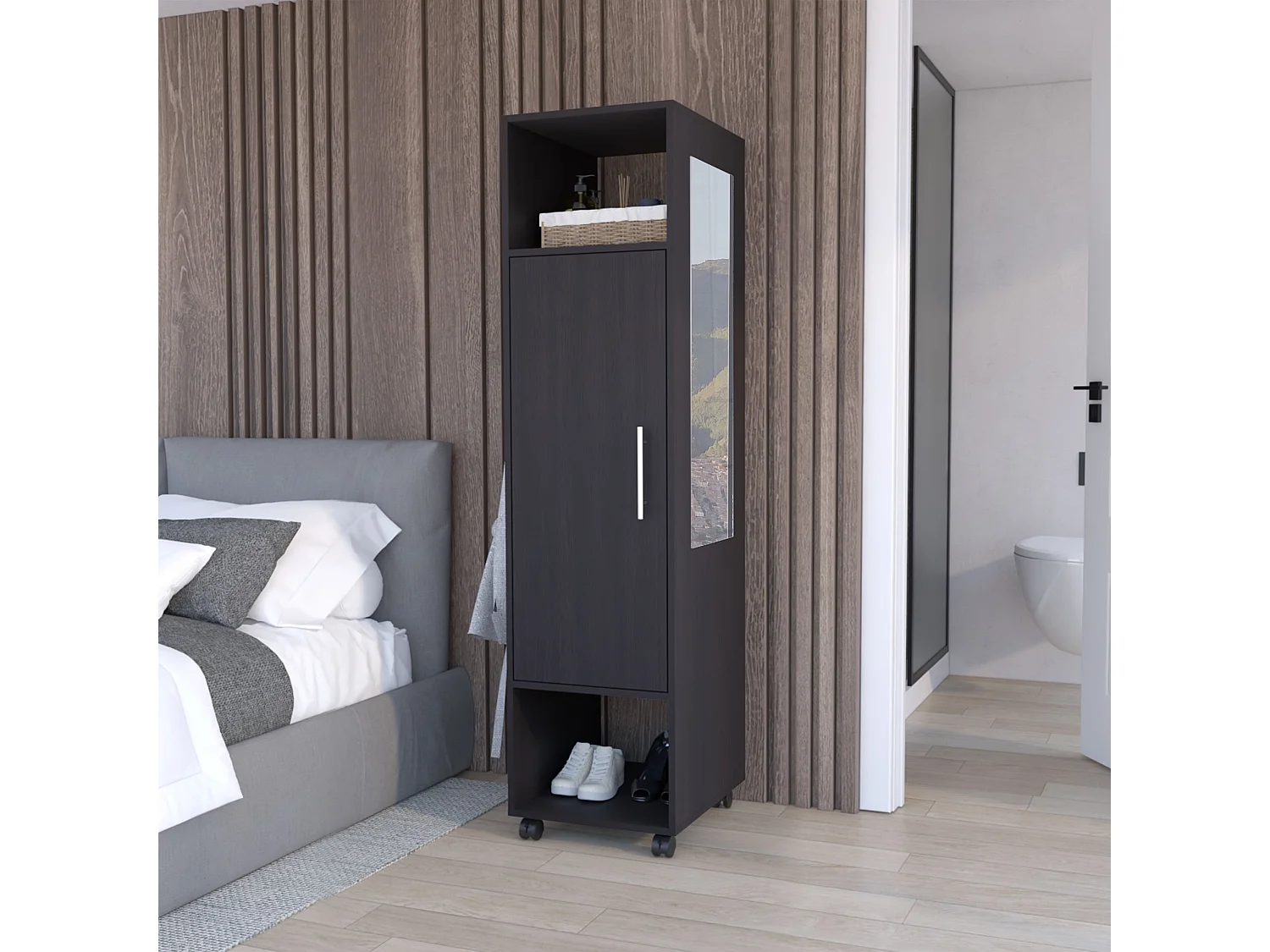 Armário em melamina Kronospan com uma porta, duas prateleiras, varão para roupa e espelho incluído, 160 cm X 40 cm X 40 cm X 48 cm, Preto
