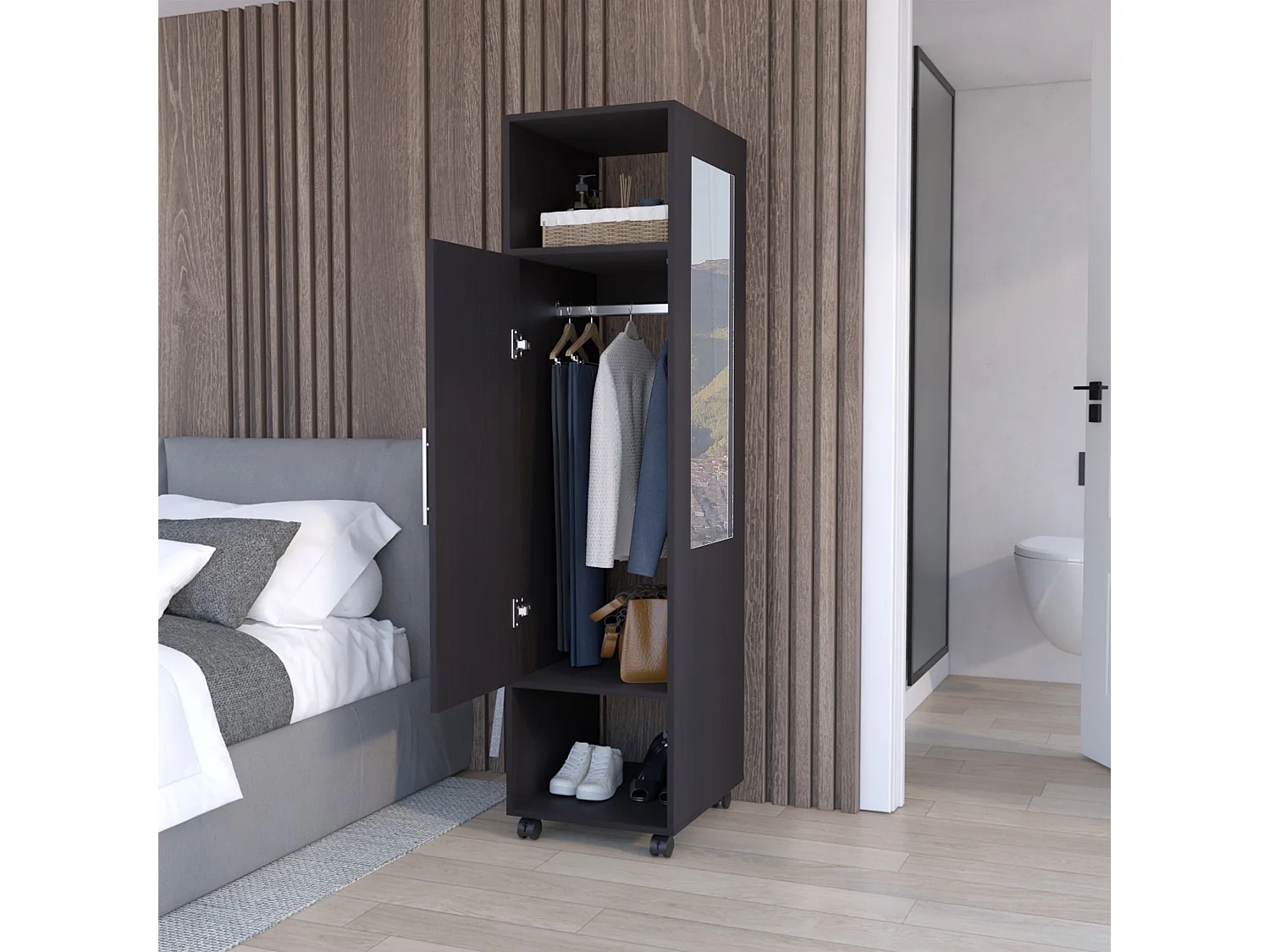Armário em melamina Kronospan com uma porta, duas prateleiras, varão para roupa e espelho incluído, 160 cm X 40 cm X 40 cm X 48 cm, Preto