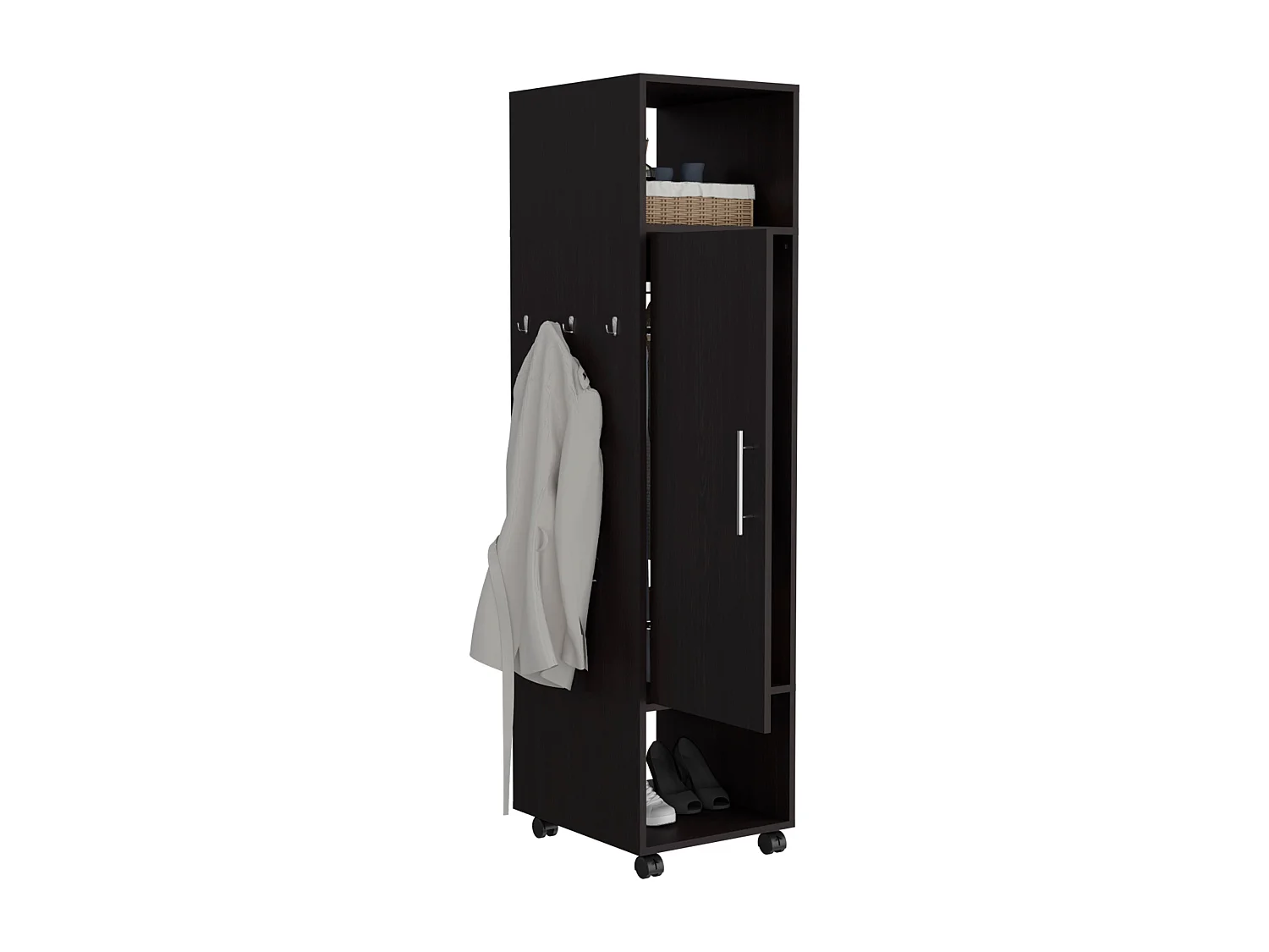 Armário em melamina Kronospan com uma porta, duas prateleiras, varão para roupa e espelho incluído, 160 cm X 40 cm X 40 cm X 48 cm, Preto