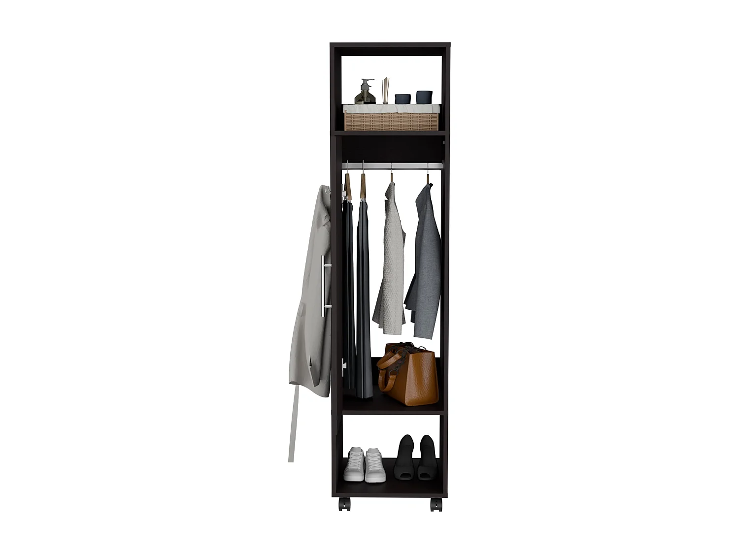 Armário em melamina Kronospan com uma porta, duas prateleiras, varão para roupa e espelho incluído, 160 cm X 40 cm X 40 cm X 48 cm, Preto