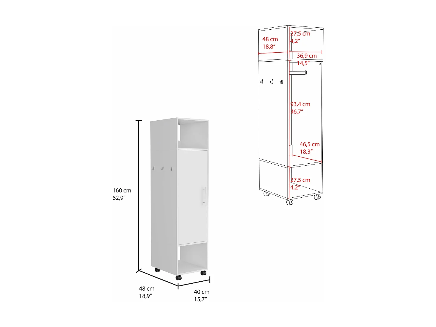 Armadio in melamina Kronospan con un'anta, due ripiani, asta appendiabiti e specchio inclusi , 160 cm X 40 cm X 48 cm , Bianco
