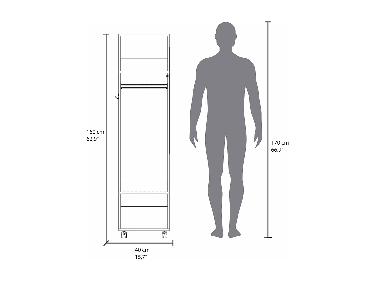 Armadio in melamina Kronospan con un'anta, due ripiani, asta appendiabiti e specchio inclusi , 160 cm X 40 cm X 48 cm , Bianco