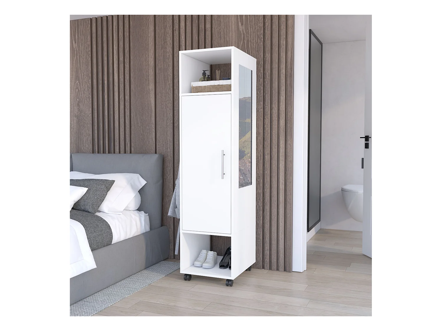 Armoire en mélamine Kronospan avec une porte, deux étagères, tringle à vêtements et miroir inclus , 160 cm X 40 cm X 48 cm , Blanc