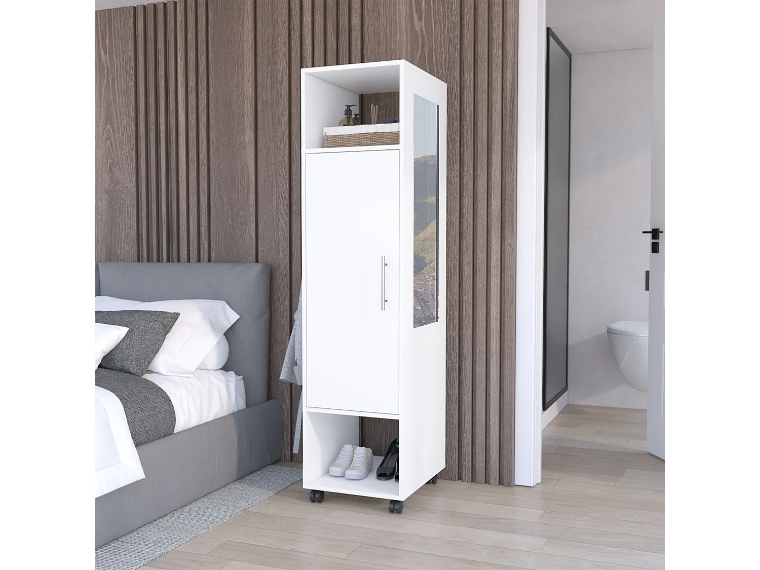 Armoire en mélamine Kronospan avec une porte, deux étagères, tringle à vêtements et miroir inclus , 160 cm X 40 cm X 48 cm , Blanc