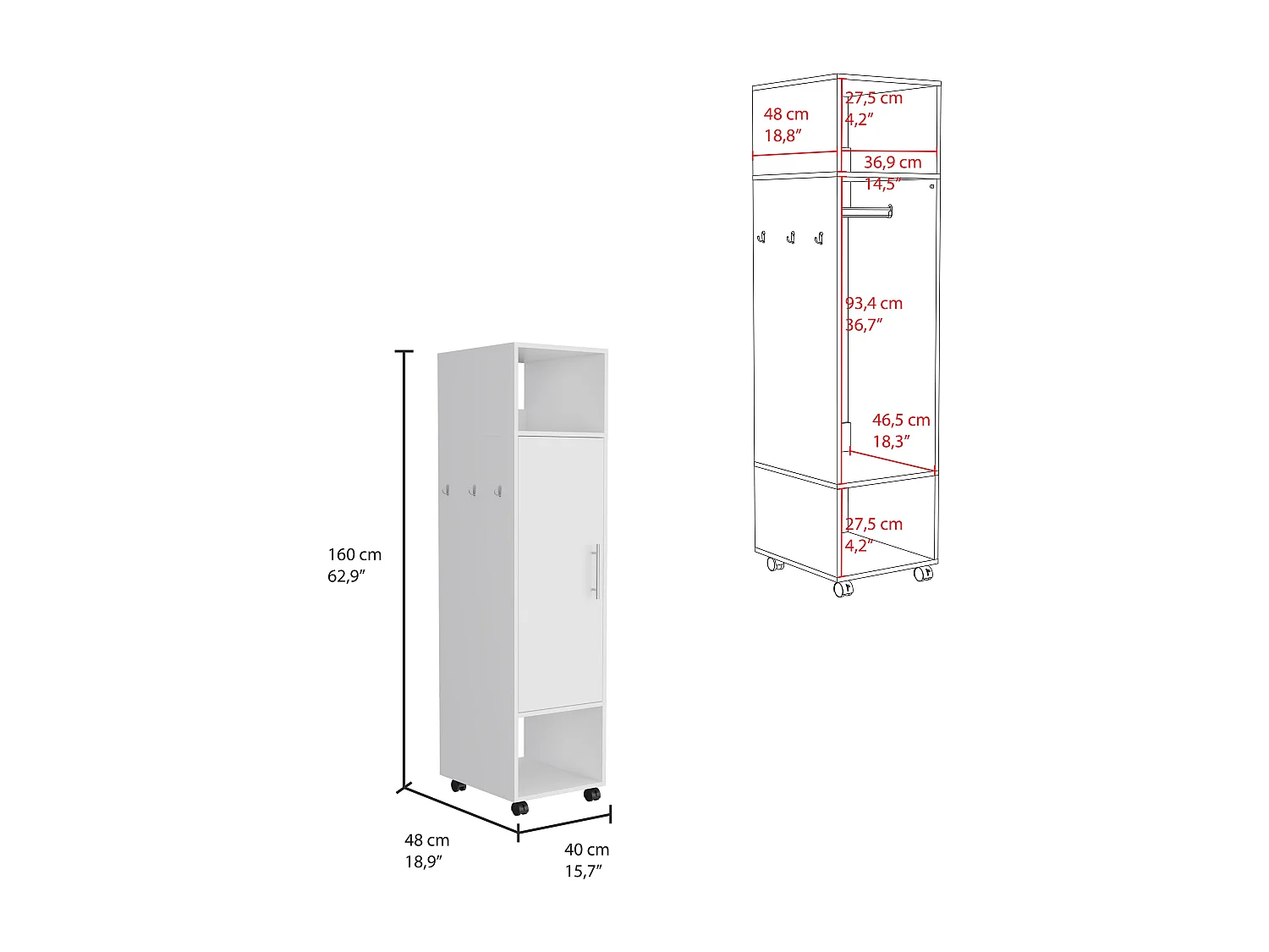 Armoire en mélamine Kronospan avec une porte, deux étagères, tringle à vêtements et miroir inclus , 160 cm X 40 cm X 48 cm , Blanc