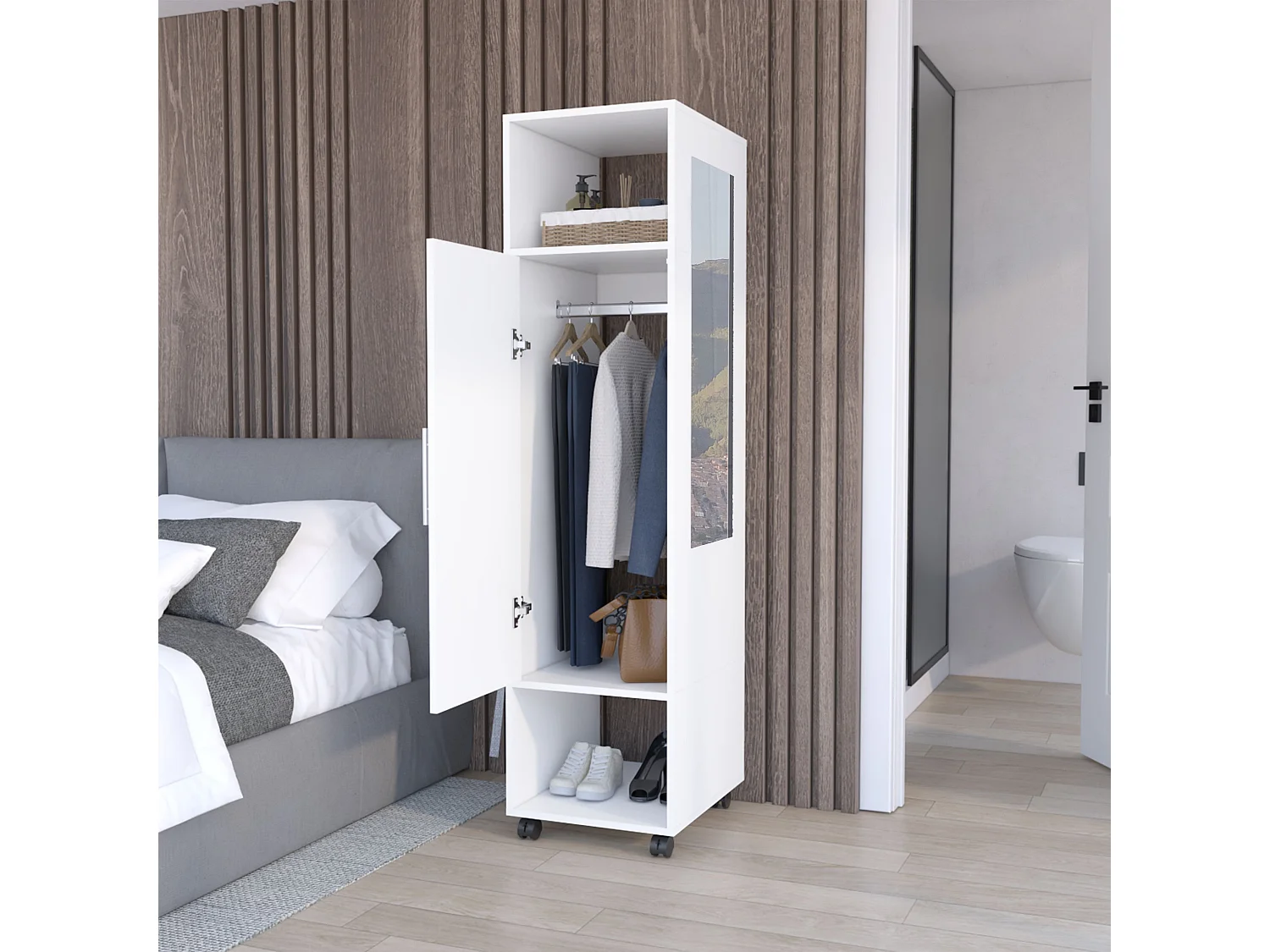 Armoire en mélamine Kronospan avec une porte, deux étagères, tringle à vêtements et miroir inclus , 160 cm X 40 cm X 48 cm , Blanc