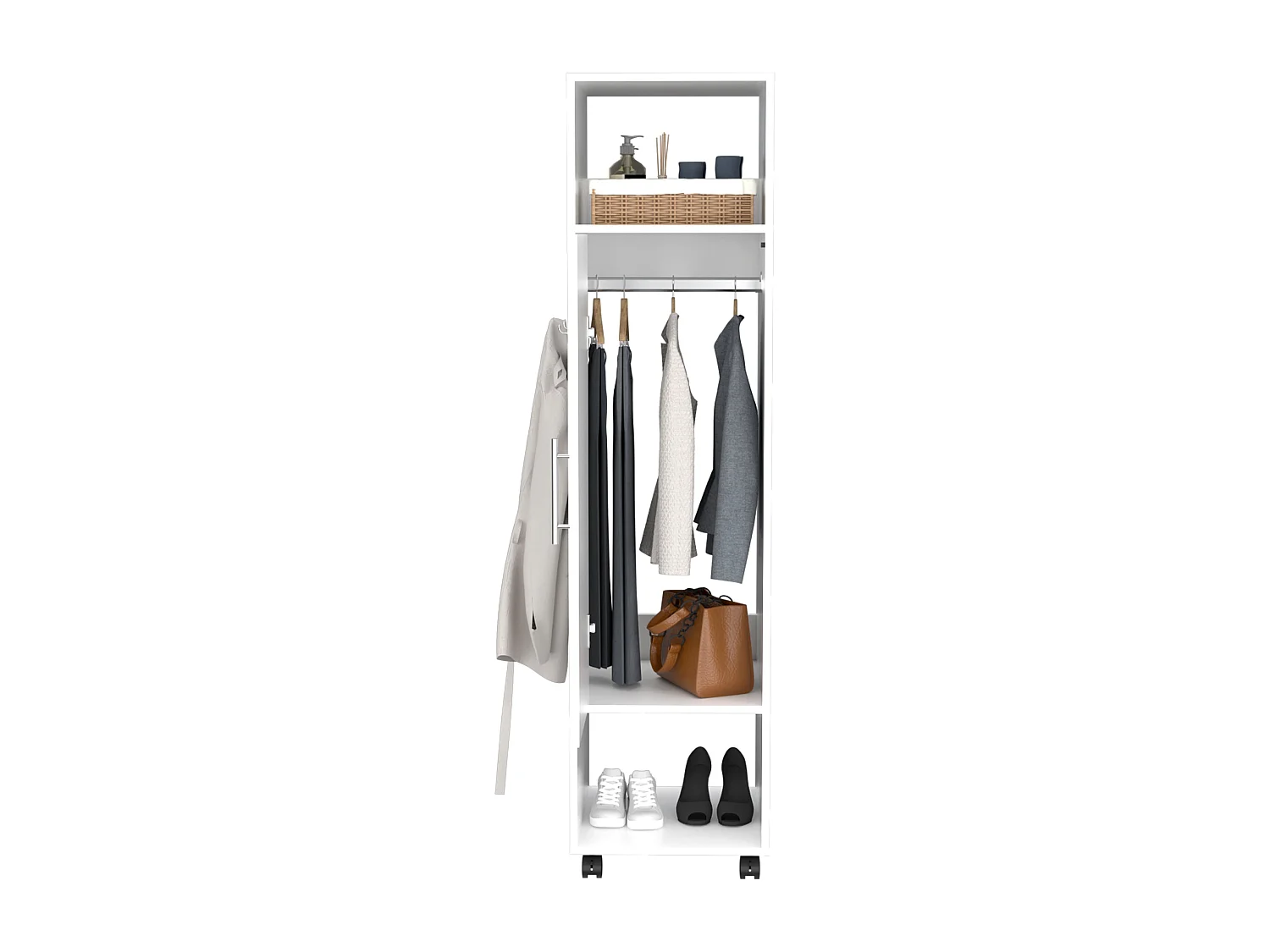 Armoire en mélamine Kronospan avec une porte, deux étagères, tringle à vêtements et miroir inclus , 160 cm X 40 cm X 48 cm , Blanc