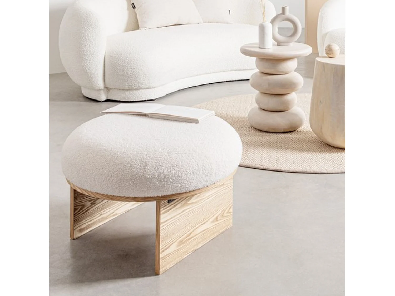 Pouf rond en bois et bouclette blanc D60 - PAVEL