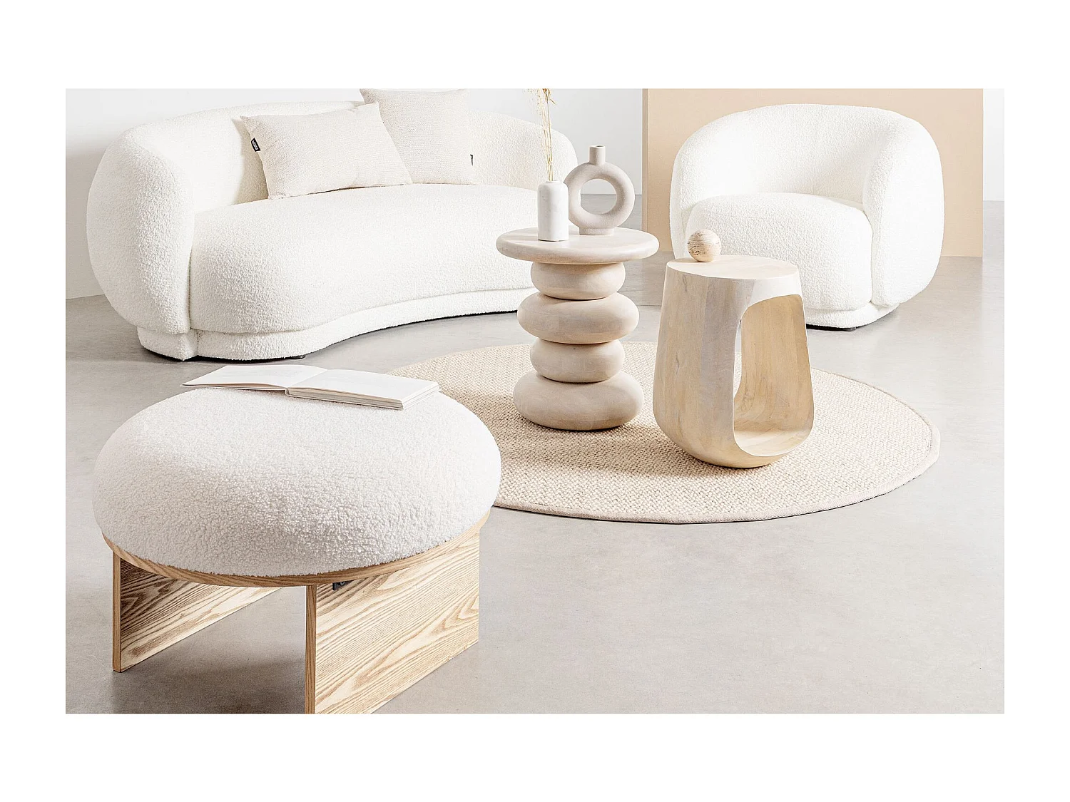 Pouf rond en bois et bouclette blanc D60 - PAVEL