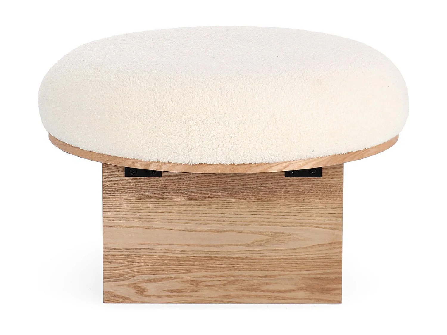 Pouf rond en bois et bouclette blanc D60 - PAVEL
