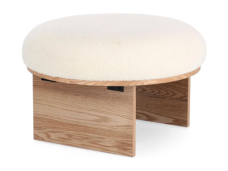 Pouf rond en bois et bouclette blanc D60 - PAVEL