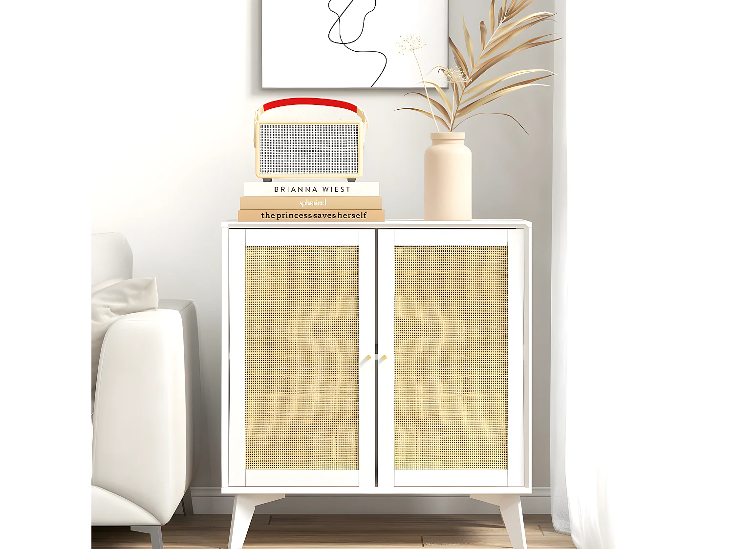 Buffet 2 portes CHIMENE blanc et cannage