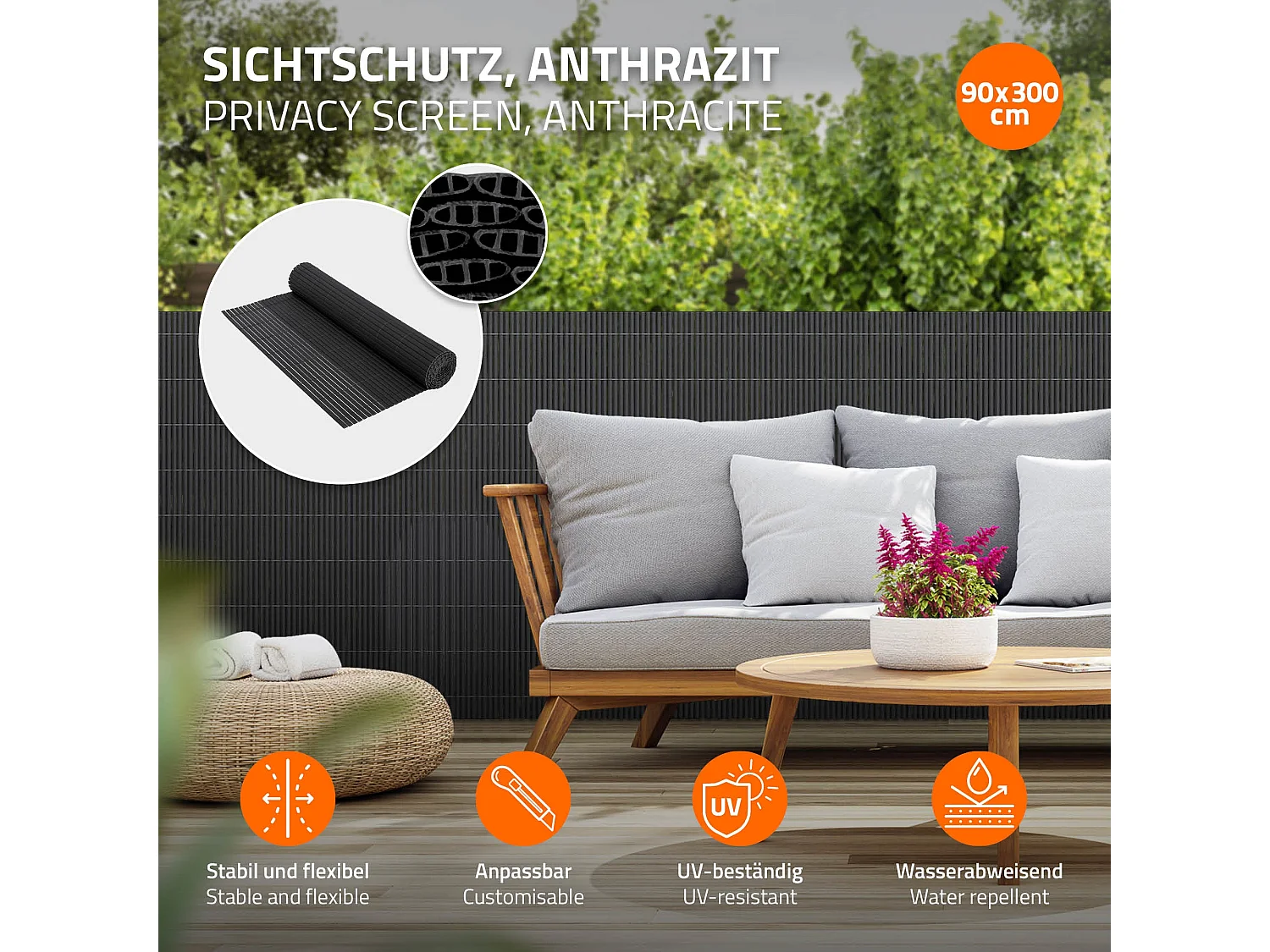 Filet de protection visuelle de jardin natte en PVC 90x300 cm clôture anthracite